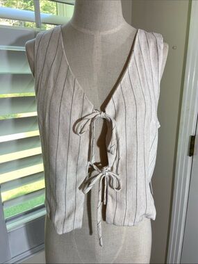 Kirious Tie-Front Crop Vest Size L Linen Rayon Cream/Pinstripe Boho Minimal NWT